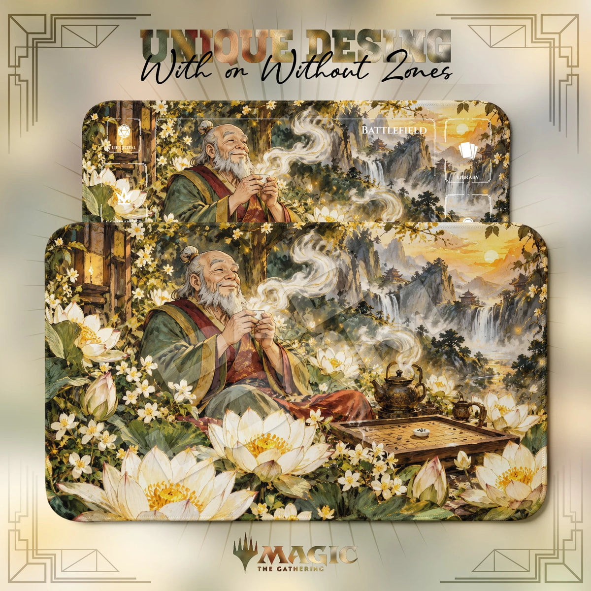 Uncle Iroh Pai Sho Avatar MTG playmat shown with zones and without zones