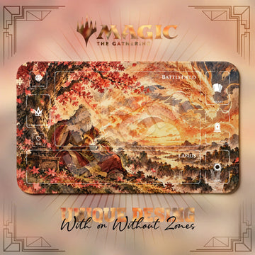 Uncle Iroh Tea Avatar MTG playmat, orange and brown art with play zones, 24 x 14 in