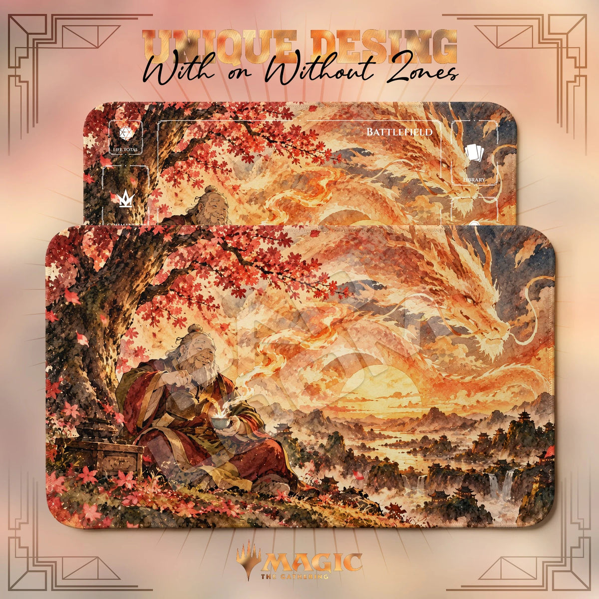 Uncle Iroh Tea Avatar MTG playmat shown with zones and without zones