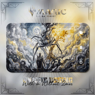 Ungoliant Trees MTG playmat, gray and beige art with play zones, 24 x 14 in