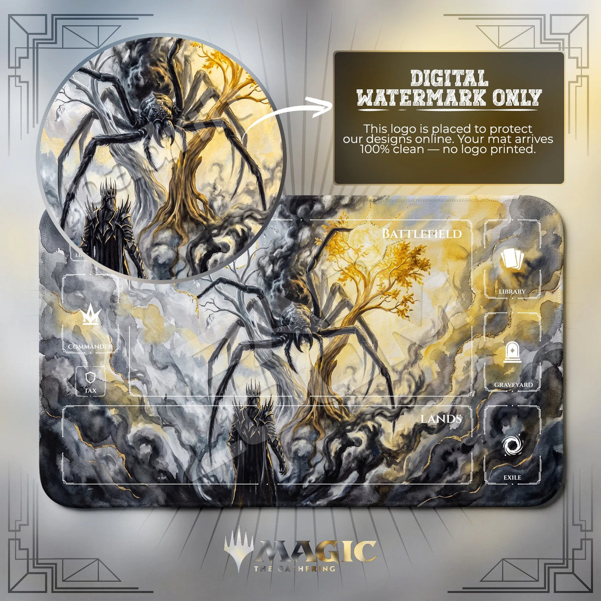 Ungoliant Trees MTG playmat with zones; the Padloom watermark is digital only, not printed