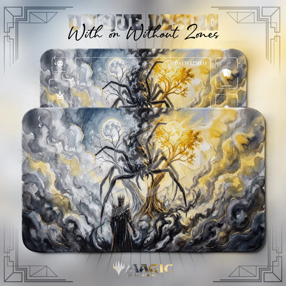 Ungoliant Trees MTG playmat shown with zones and without zones