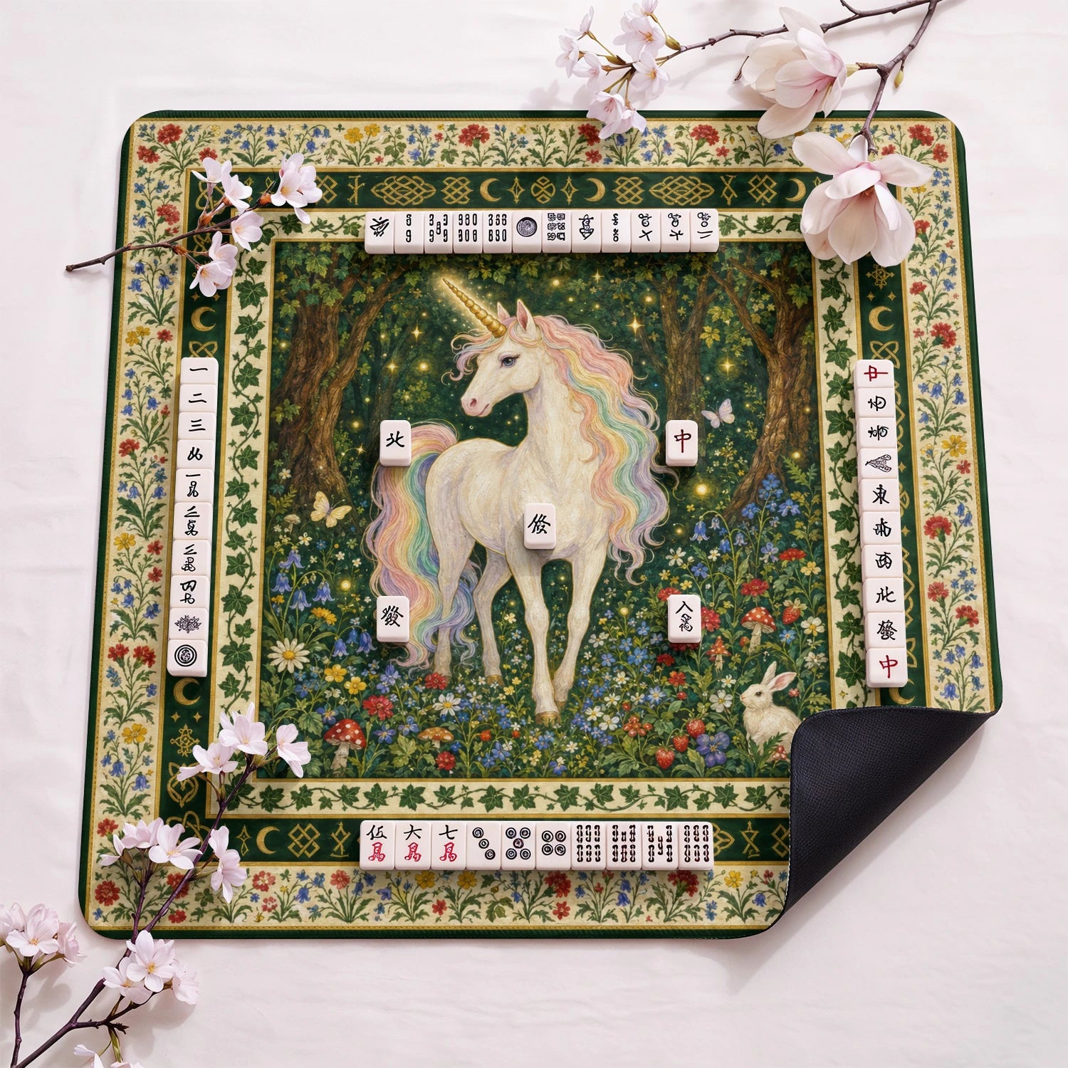 Unicorn Forest design close-up on mahjong mat surface