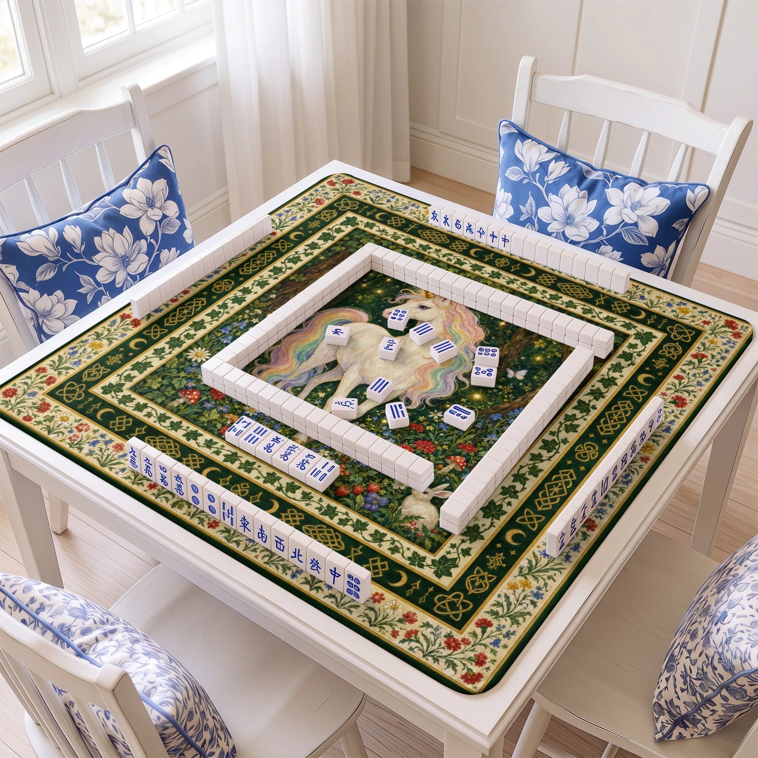 Unicorn Forest mahjong mat with tiles and racks on the table