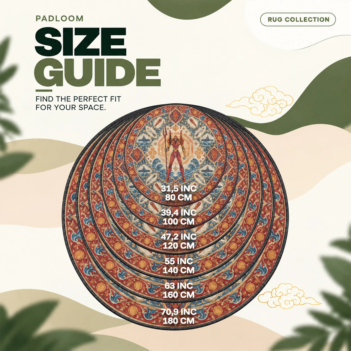 Unit-02 Lance round rug size guide, 80 to 180 cm (31.5 to 70.9 in)