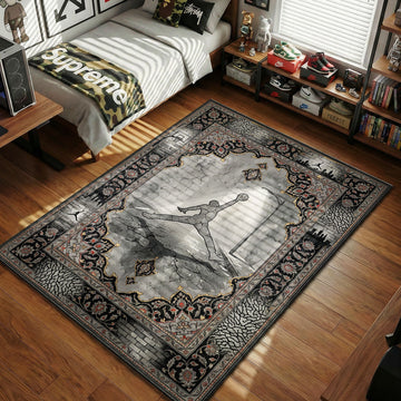 Urban cement Jump rug in grey and black with cracked concrete motif, streetlight scene and ornate gothic skyline border
