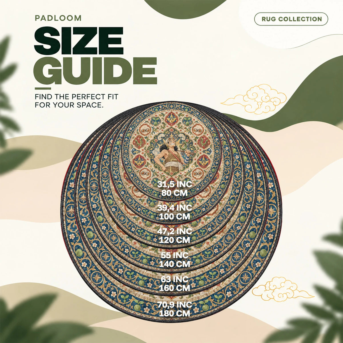 Usopp Slingshot round rug size guide, 80 to 180 cm (31.5 to 70.9 in)