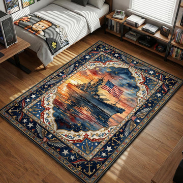 US Battleship USS Missouri sailing at sunset with bald eagle and stars and stripes border watercolor style gaming area rug and floor mat