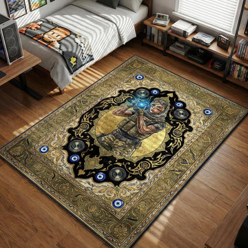 Valkyrie Navy SEAL operator from Rainbow Six Siege holding Black Eye camera with blue eye motifs gaming area rug and floor mat