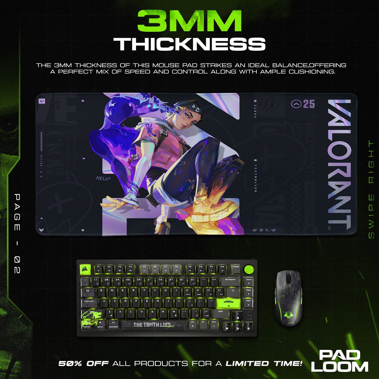 Valorant Clove Neon Glow Mouse Pad, MOBA Gamer Desk Mat Padloom