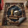 Dark vanitas skull area rug with human skull on books melting candle and hourglass border