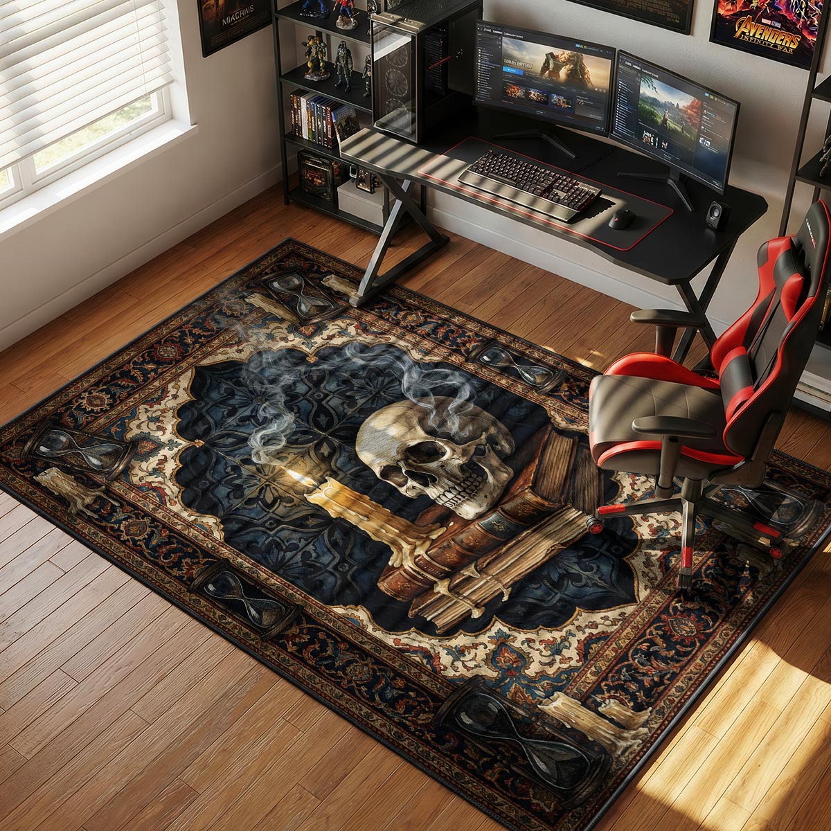 Vanitas skull rug placed in a dark study with candles and antique bookshelf