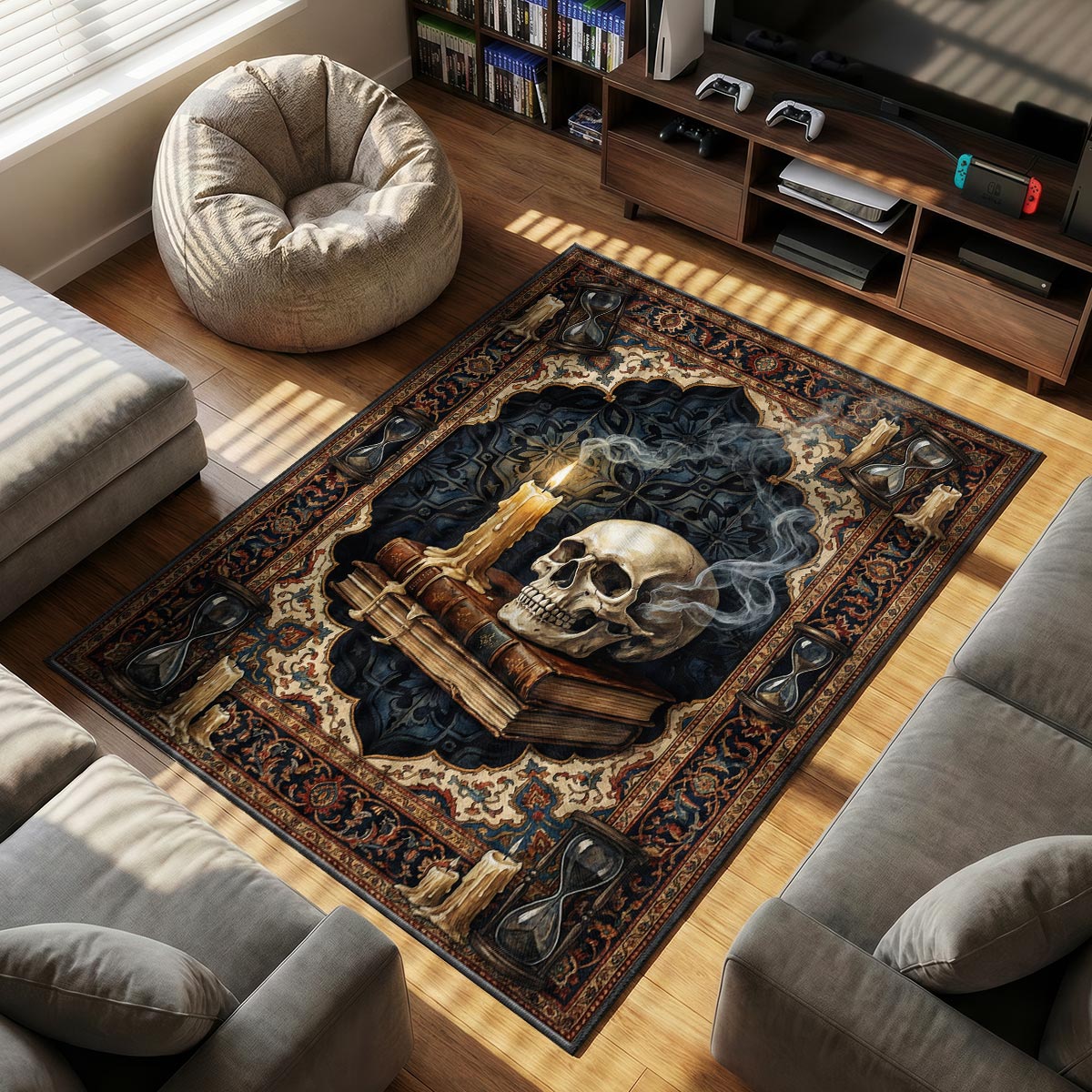 Detail of vanitas rug showing candle wax drip and bone texture on dye-sublimation velvet