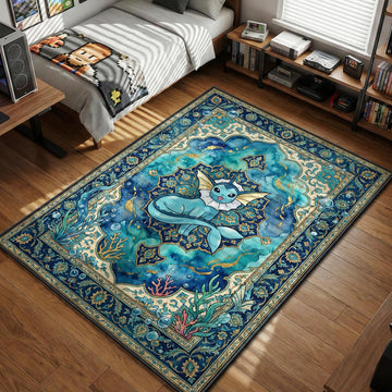 Vaporeon sitting amidst bubbles and coral in a teal and gold traditional pattern area rug and floor mat
