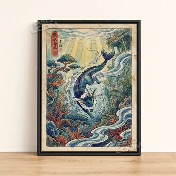 Vaporeon Diving Pokemon poster - framed canvas wall art in a black frame