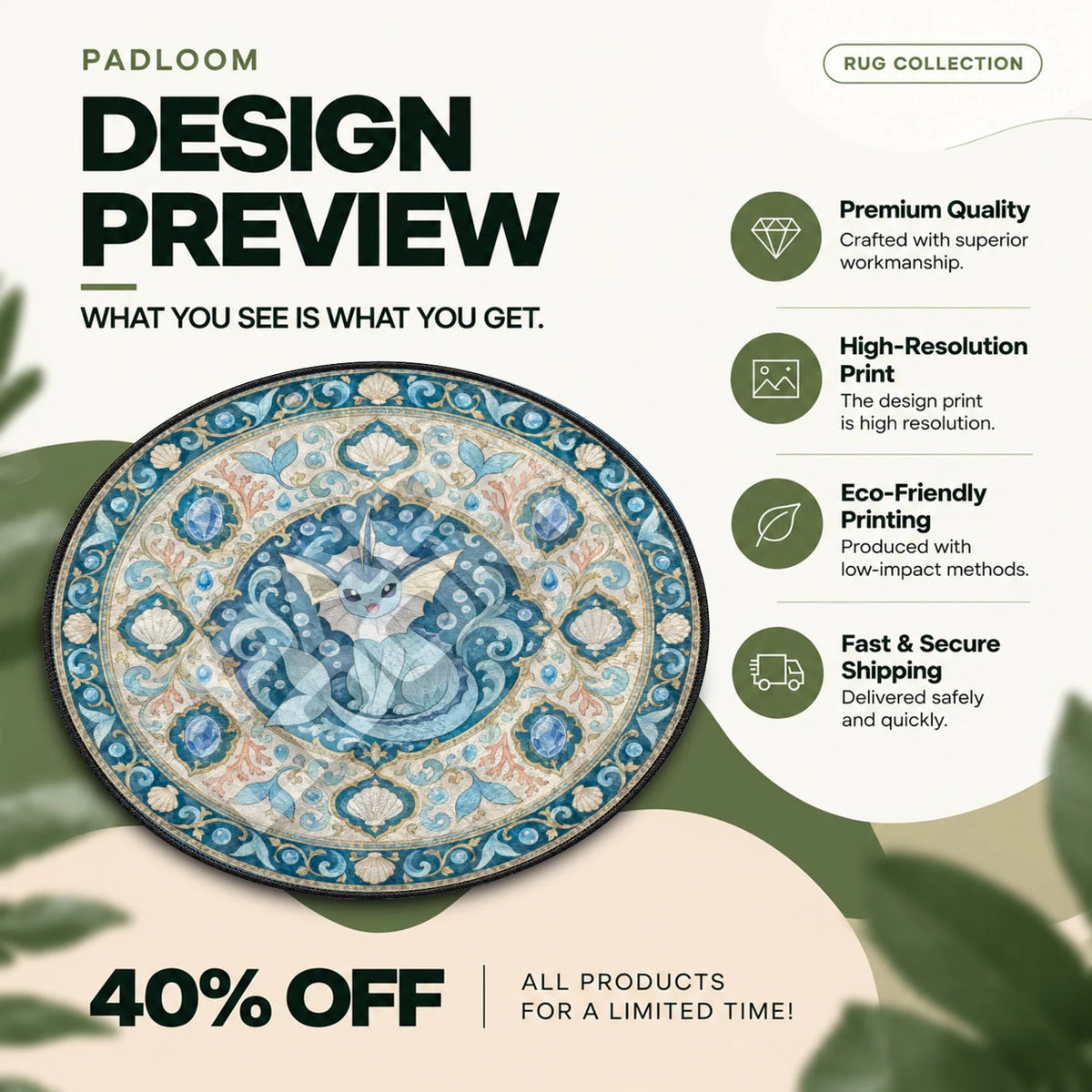 Vaporeon Seashell Pokemon round rug full design preview