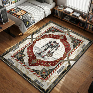 Starfield companion robot Vasco carrying cargo on a lunar surface with red ornamental borders and gold circuit schematics gaming area rug and floor mat