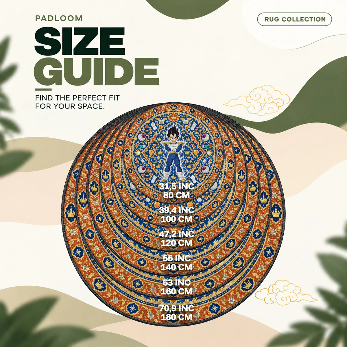 Vegeta Crowned round rug size guide, 80 to 180 cm (31.5 to 70.9 in)