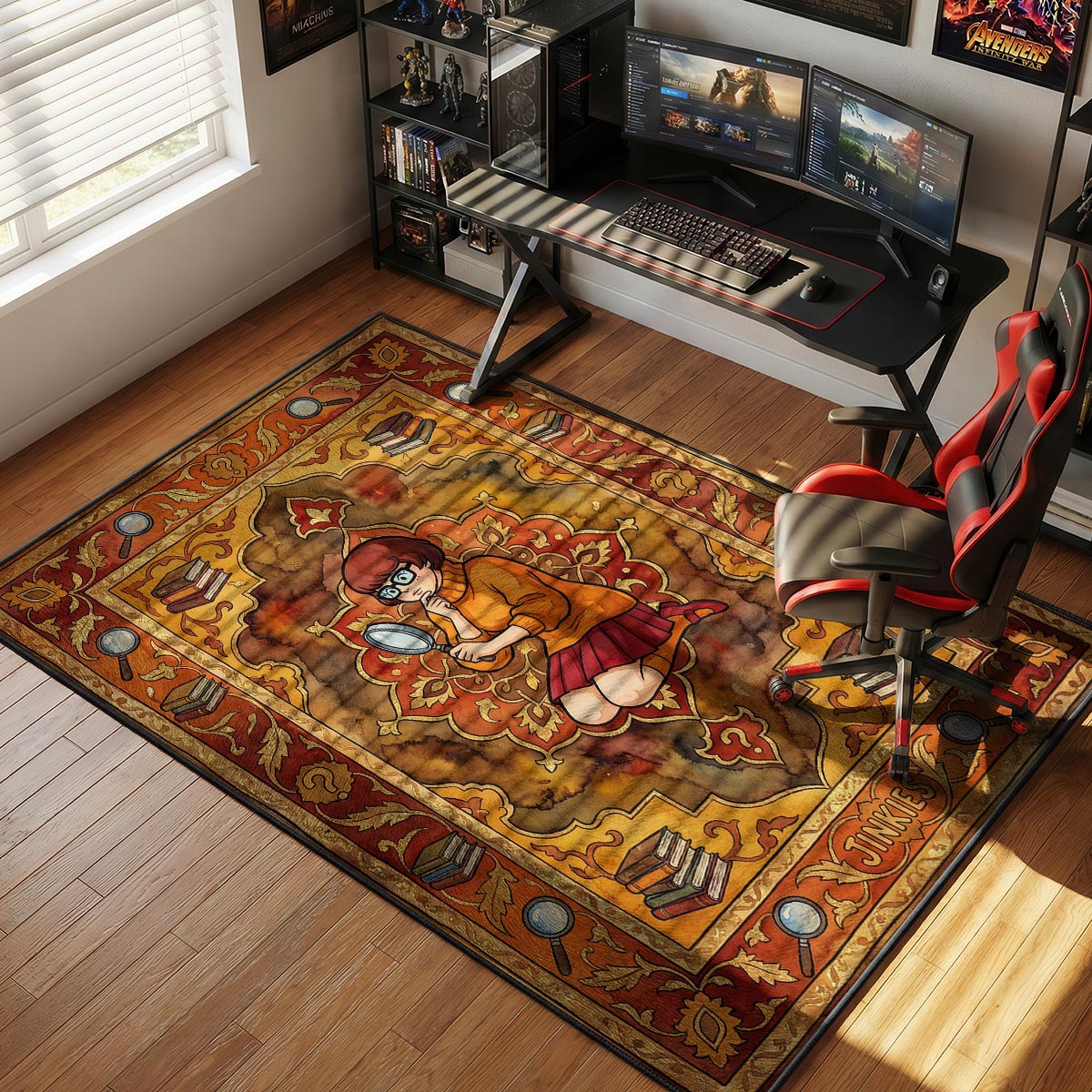 Velma character rug placed in a home office study with dark wood desk and warm lamp