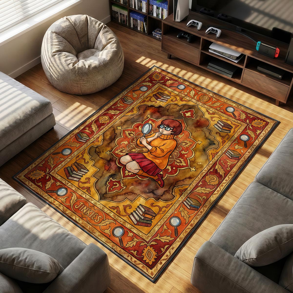 Texture detail of Velma Jinkies area rug showing dye-sublimation print and velvet pile