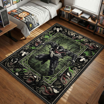 Venom lunging forward with green toxic slime and symbiote tendrils comic style gaming area rug and floor mat