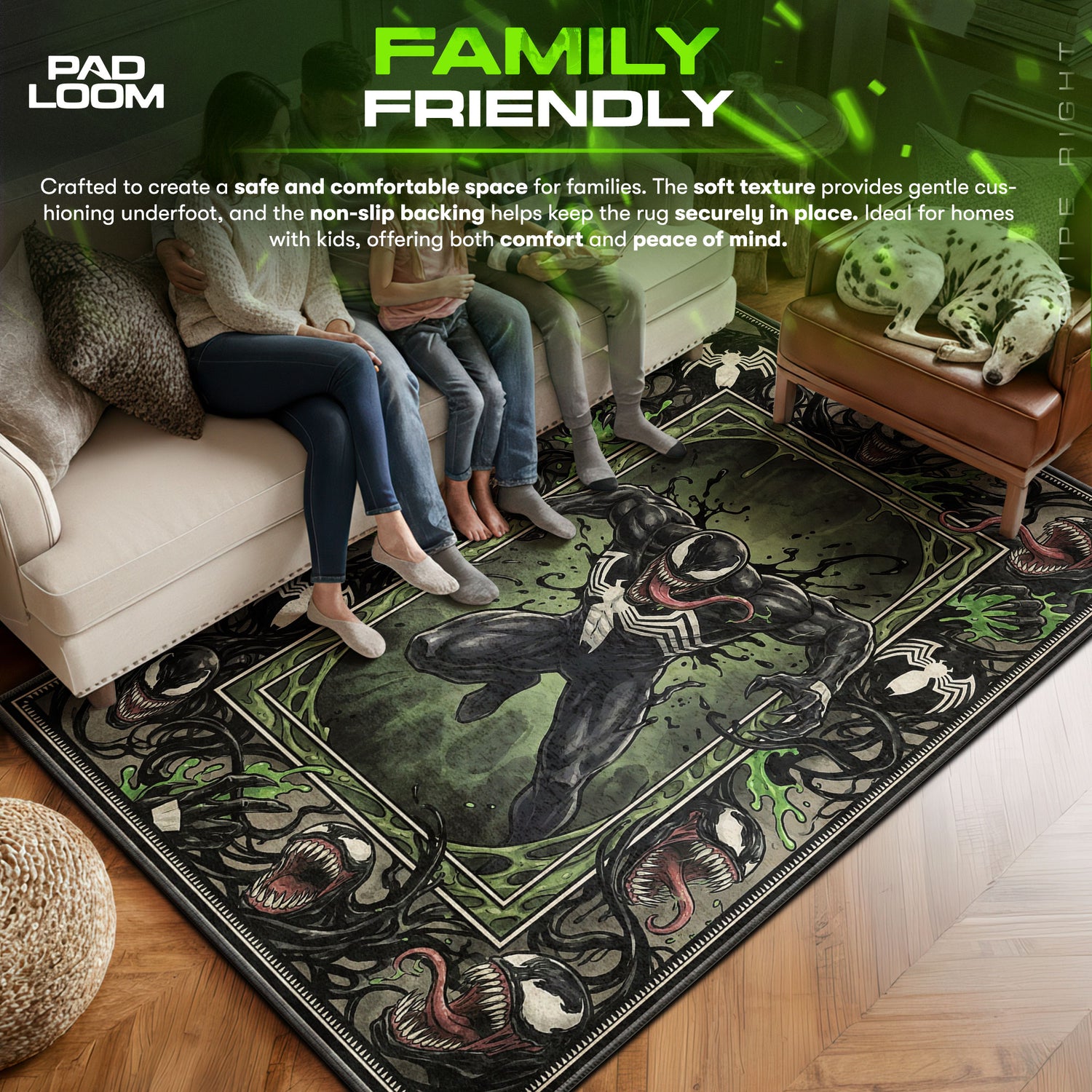 Venom area rug showing full home decor artwork