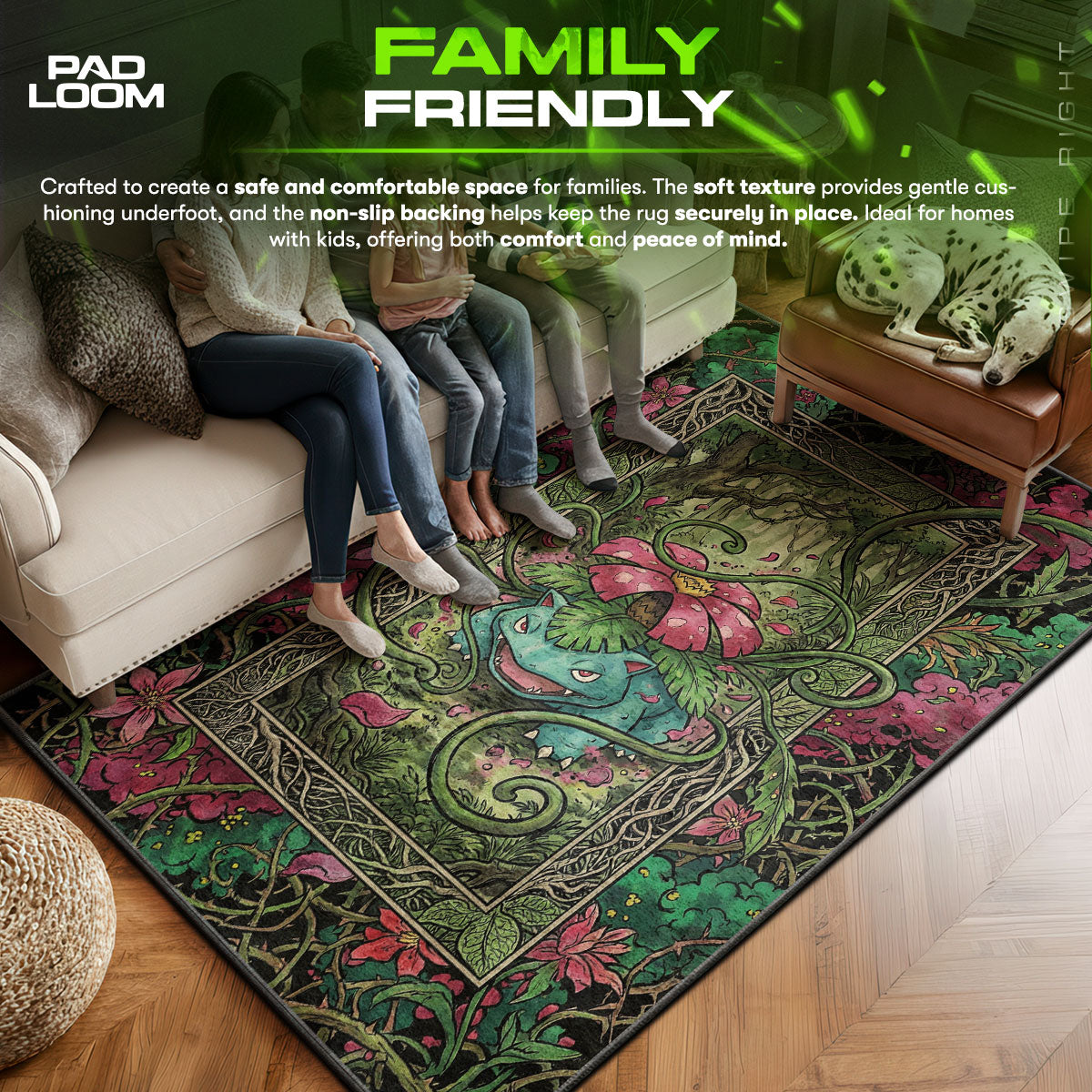 Venusaur area rug showing full home decor artwork