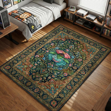 Venusaur standing amidst lush green vines and pink flowers in a traditional floral pattern area rug and floor mat