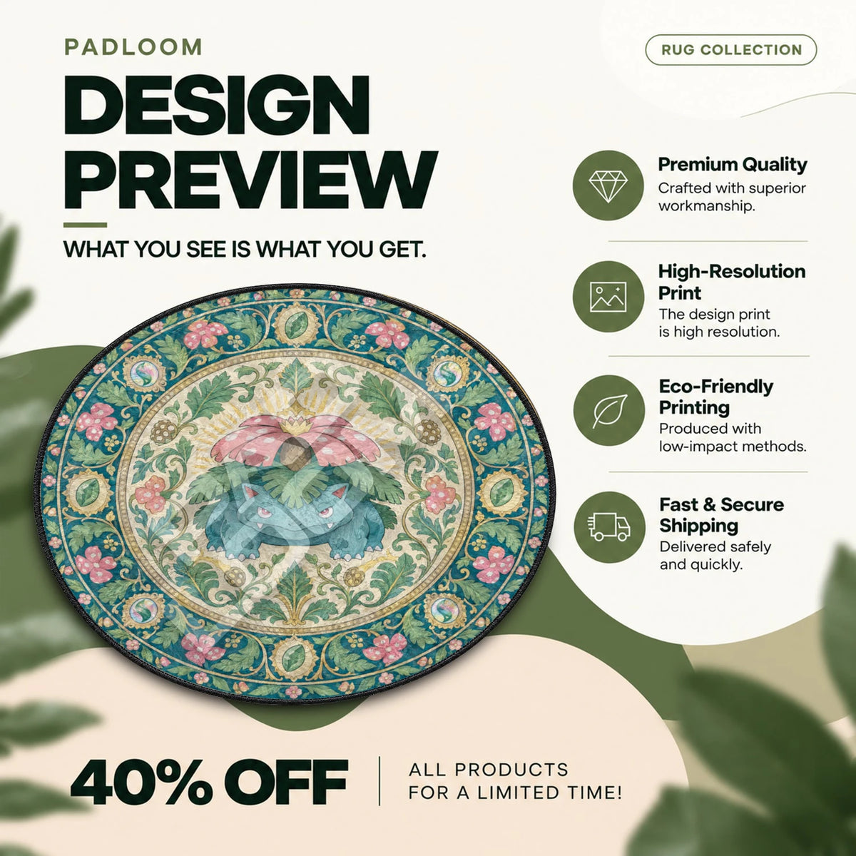 Venusaur Medallion Pokemon round rug full design preview