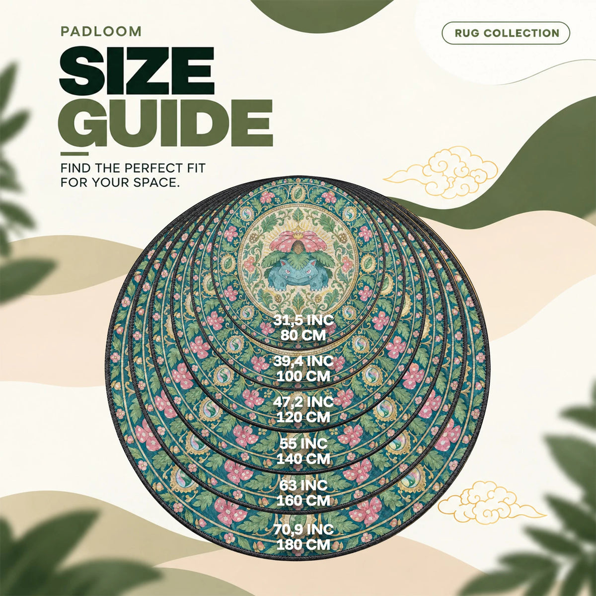 Venusaur Medallion round rug size guide, 80 to 180 cm (31.5 to 70.9 in)