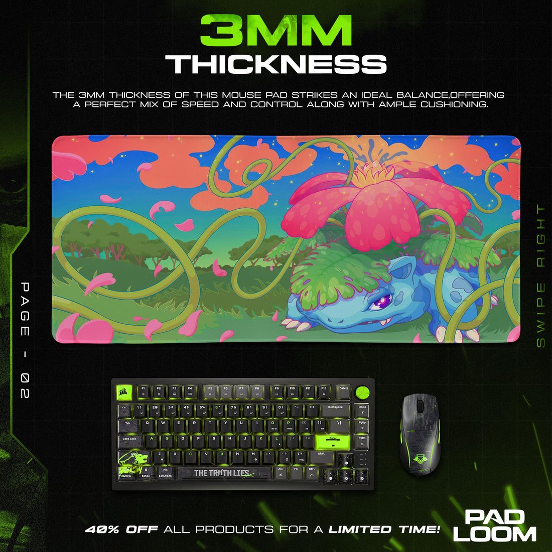 Venusaur Petal Vortex Mouse Pad, Pokémon Jungle Bloom Gaming Desk Mat