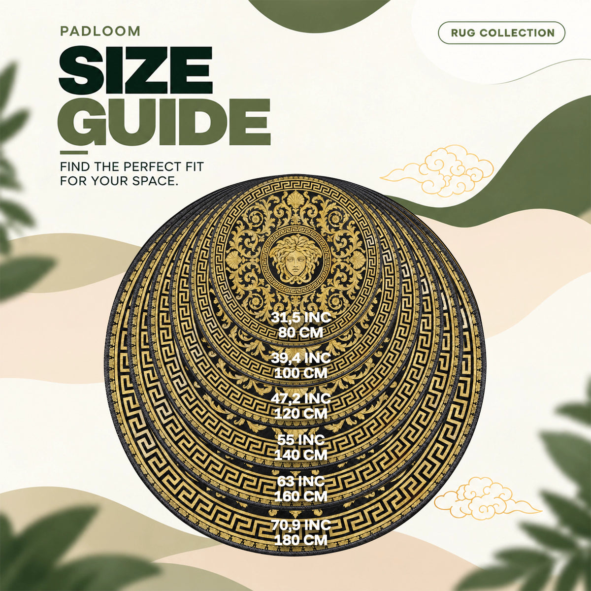 Versace Acanthus round rug size guide, 80 to 180 cm (31.5 to 70.9 in)