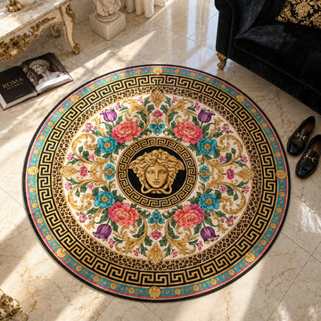 Versace Baroque hypebeast round rug on a bedroom floor - hypebeast chair mat