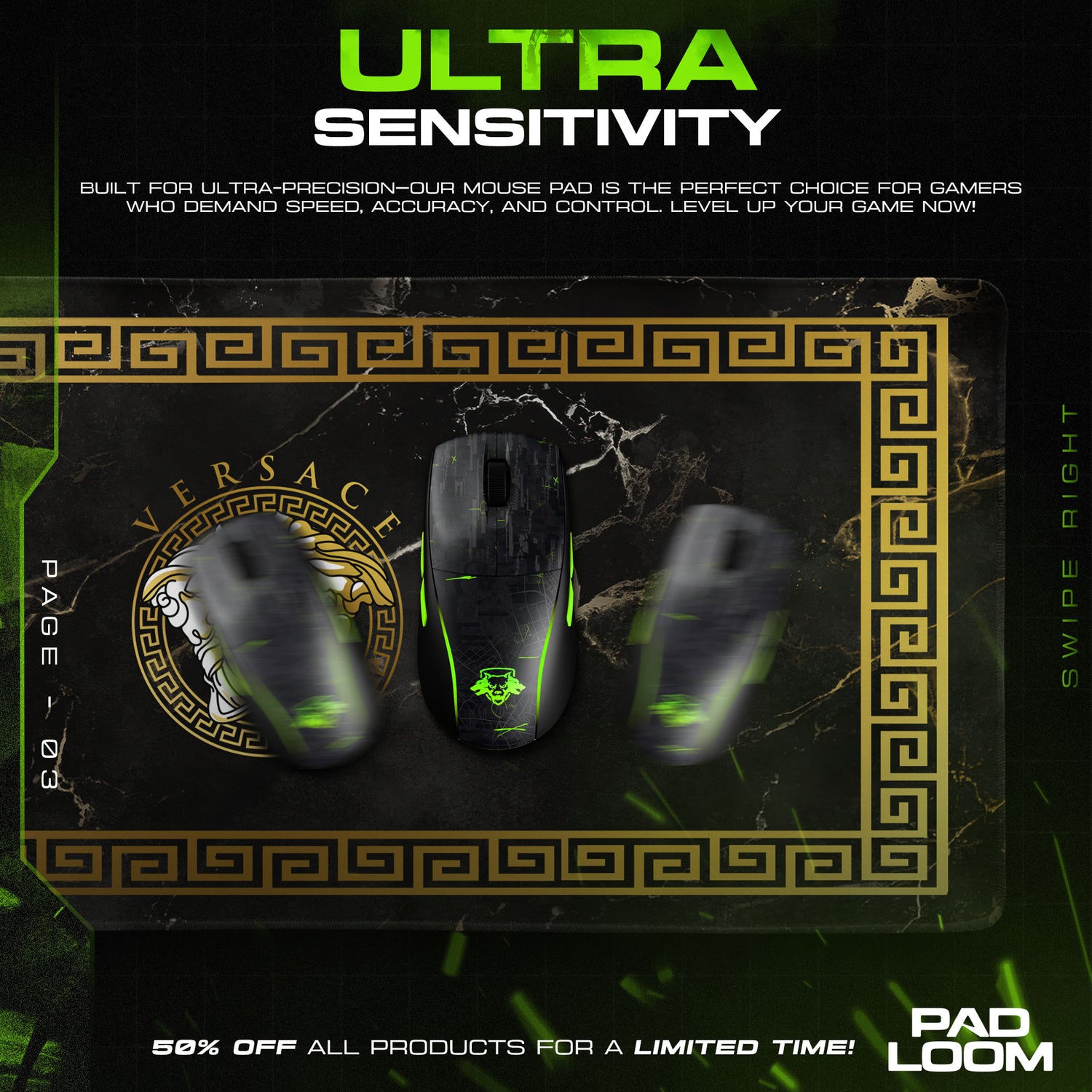 Versace Black Marble Mouse Pad - Gold Medusa Desk Mat