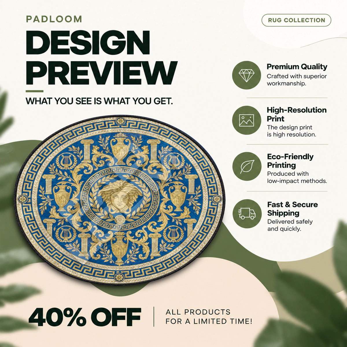Versace Laurel hypebeast round rug full design preview