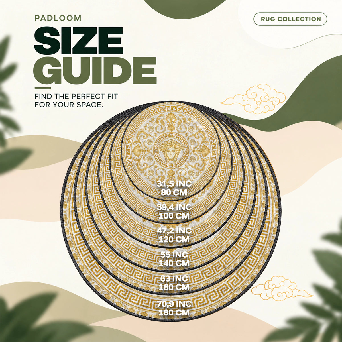 Versace Medallion round rug size guide, 80 to 180 cm (31.5 to 70.9 in)