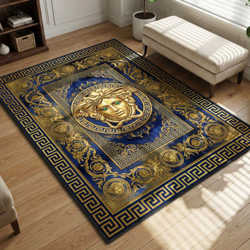 Versace Medusa head blue gold Greek key hypebeast area rug