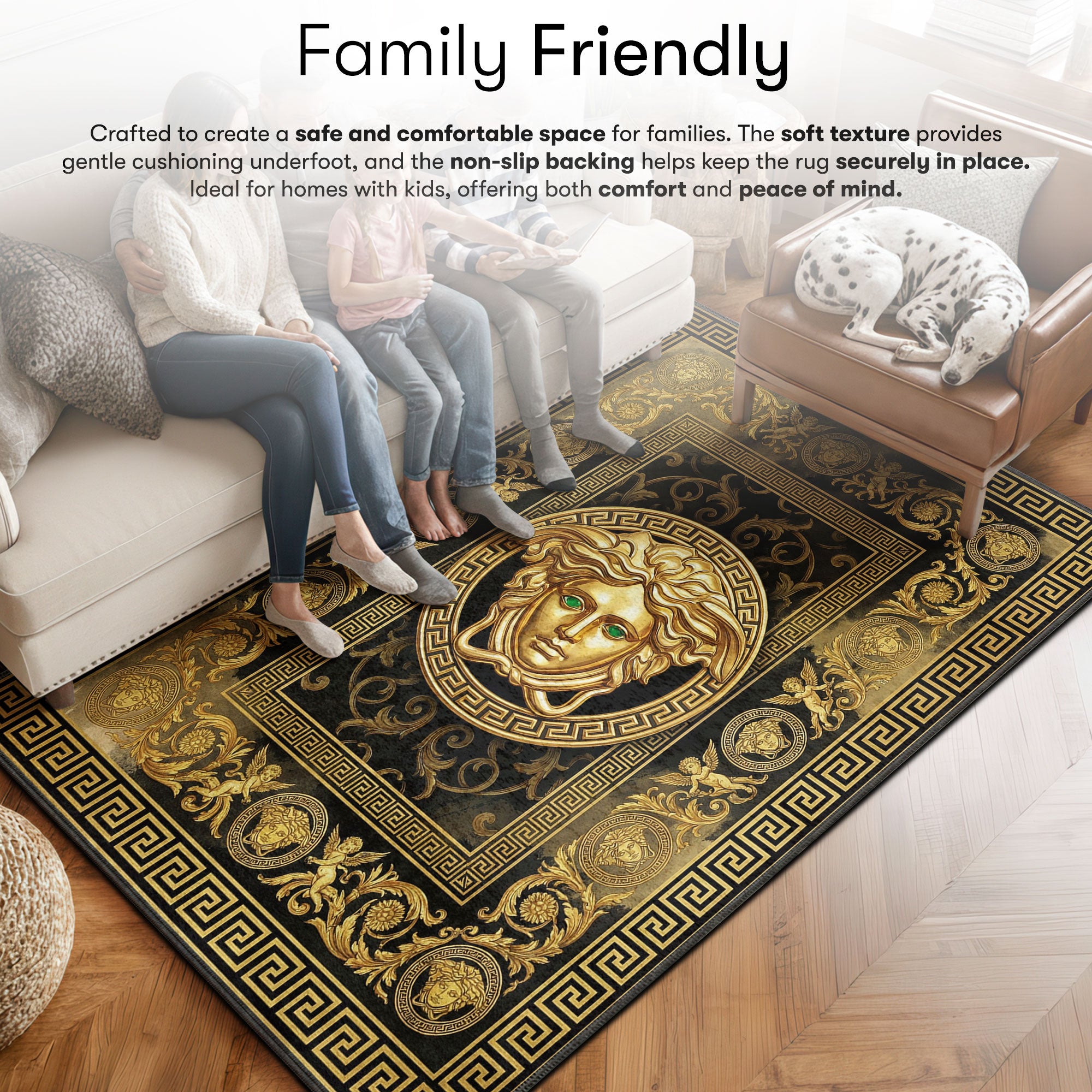 Versace area rug showing full home decor artwork