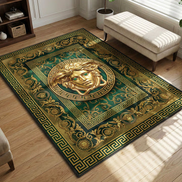 Versace Medusa head green gold Greek key hypebeast area rug