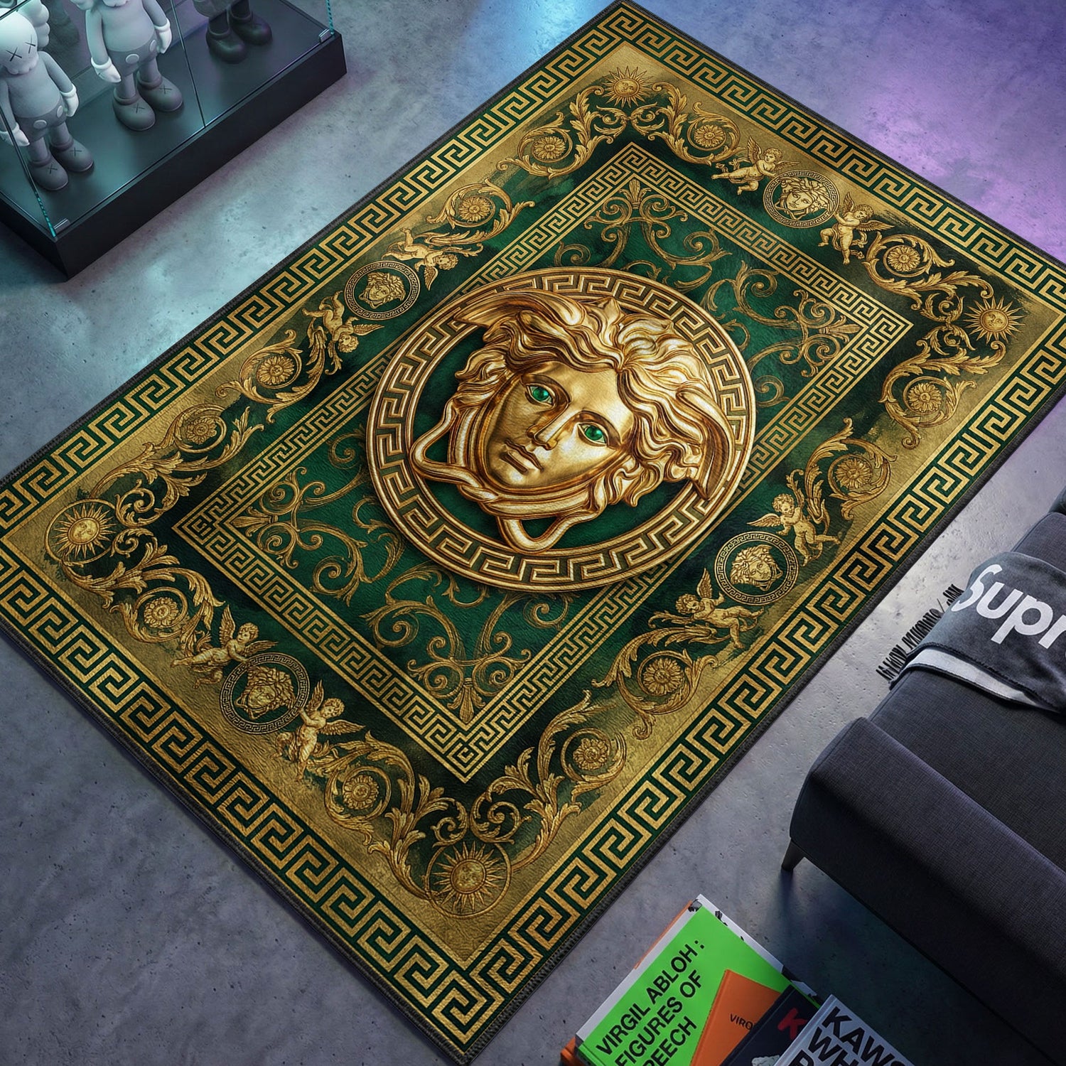 Versace Medusa themed area rug for home decor fans