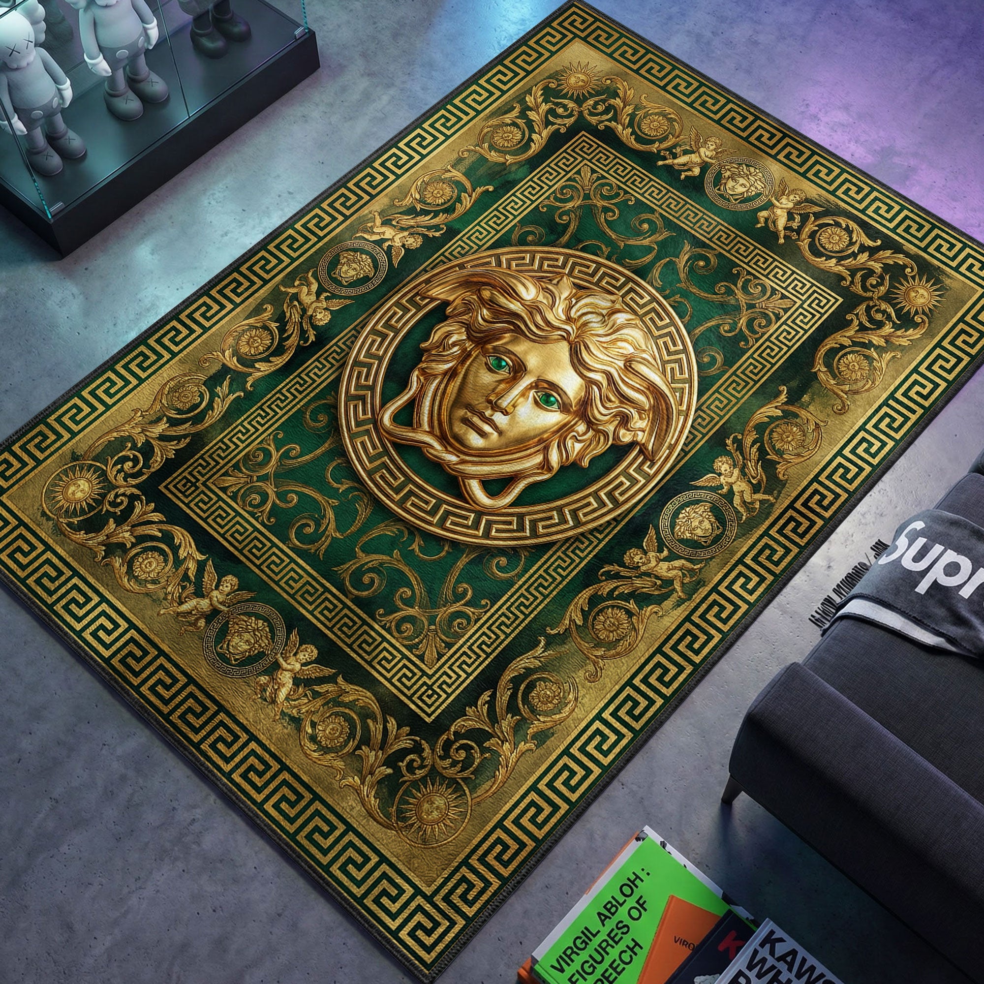 Versace Medusa themed area rug for home decor fans