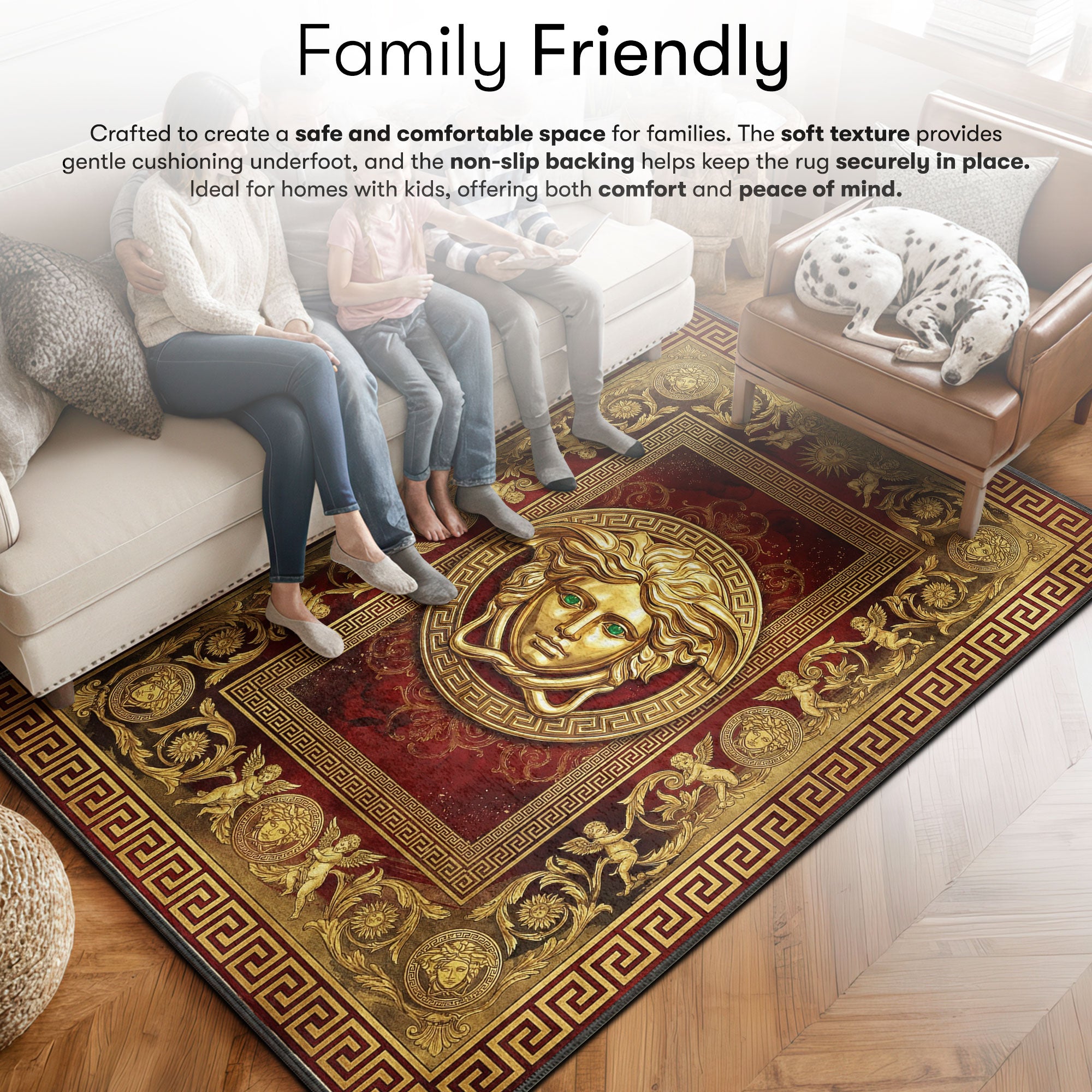 Versace area rug showing full home decor artwork