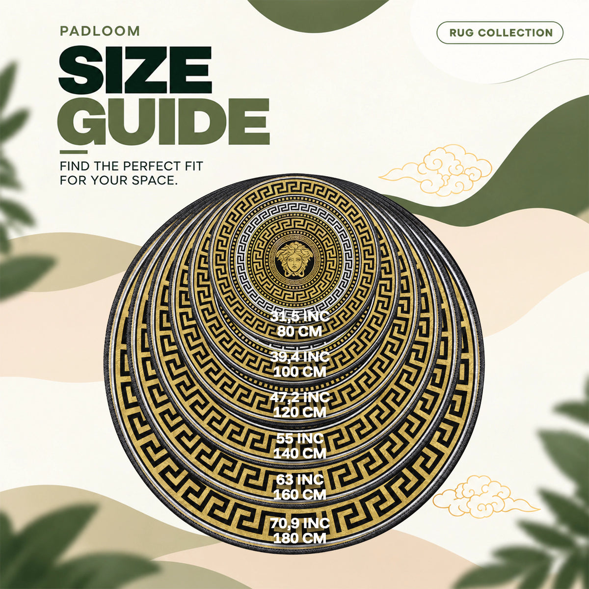 Versace Medusa round rug size guide, 80 to 180 cm (31.5 to 70.9 in)