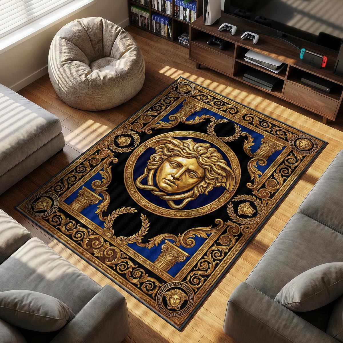 Versace Medusa themed area rug for home decor fans