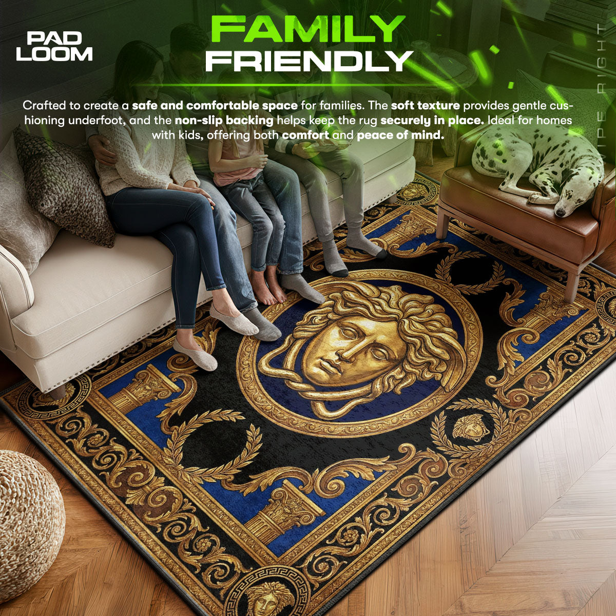 Versace area rug showing full home decor artwork