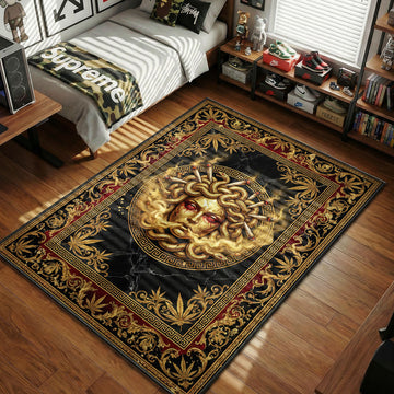 Versace Medusa head smoking joints weed cannabis leaves gold and black hypebeast area rug