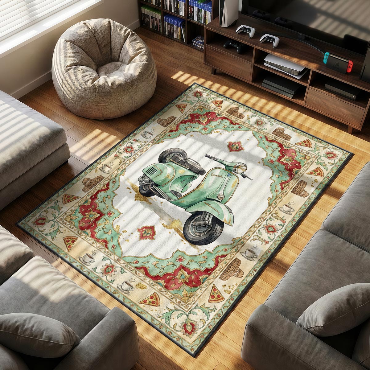 Vespa Italian themed area rug for Vintage fans