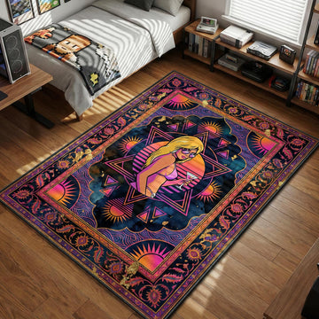 Blonde Vice City girl holding cocktail in neon sunset synthwave style gaming area rug and floor mat