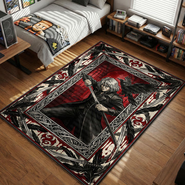 Vicious from Cowboy Bebop holding a katana with a black raven, framed by the Red Dragon Syndicate logo, falling feathers, and blood splatter on a gothic anime rug.