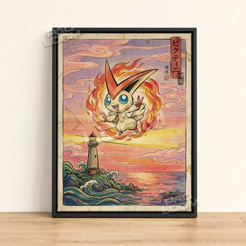 Victini Lighthouse Pokemon poster - framed canvas wall art in a black frame